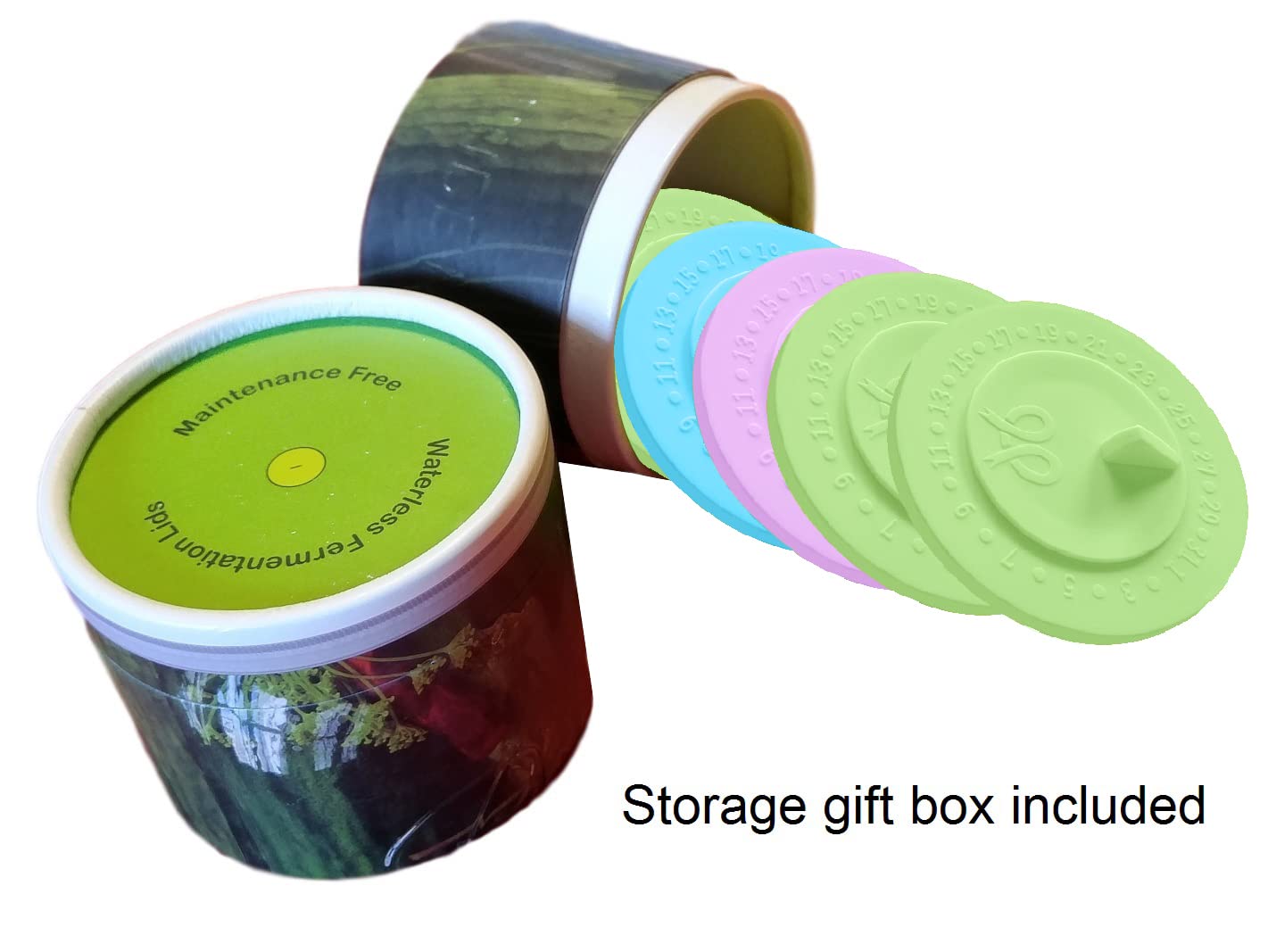 7pack Maintenance airlock waterless fermentation lids for wide mouth mason jars. Make Sauerkraut, Kimchi, Pickles, any fermented vegetable probiotic foods. BPA, mold free, dishwasher safe.