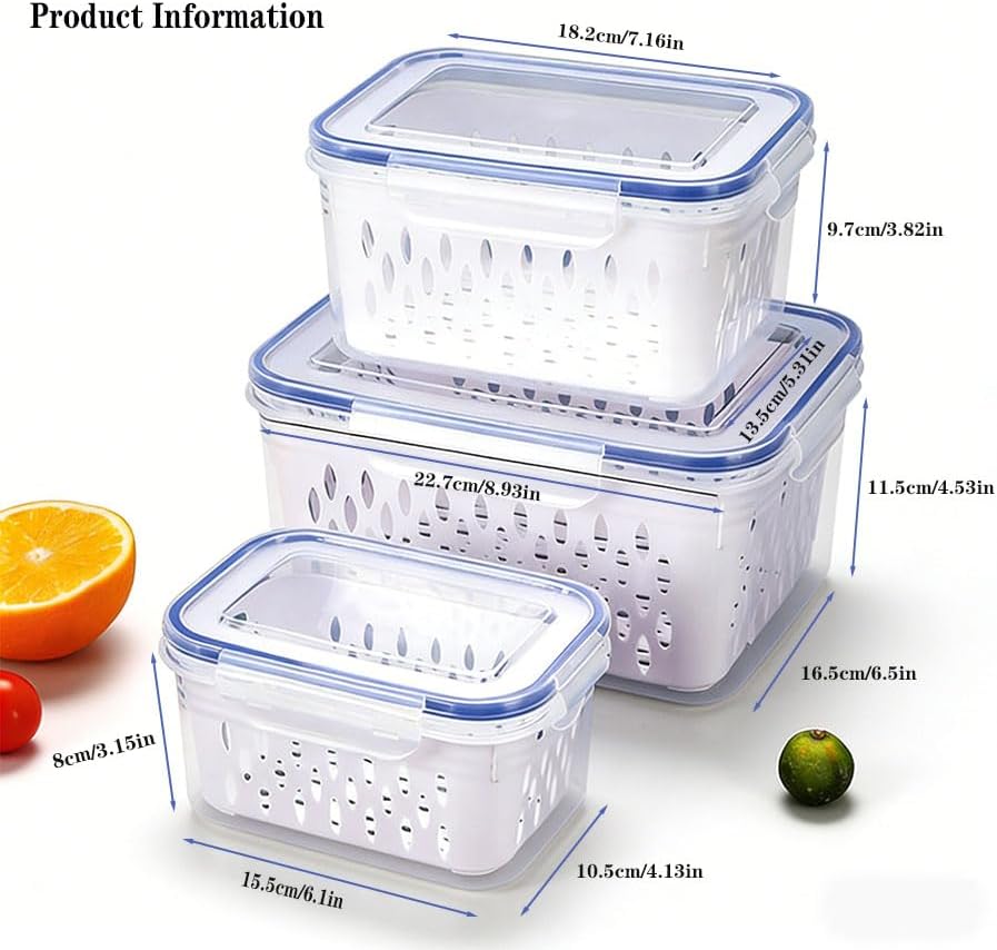 Skiennix 3 PCS Food Storage Containers - Stackable BPA-Free Fresh Keeper Boxes with Lids & Drain Basket