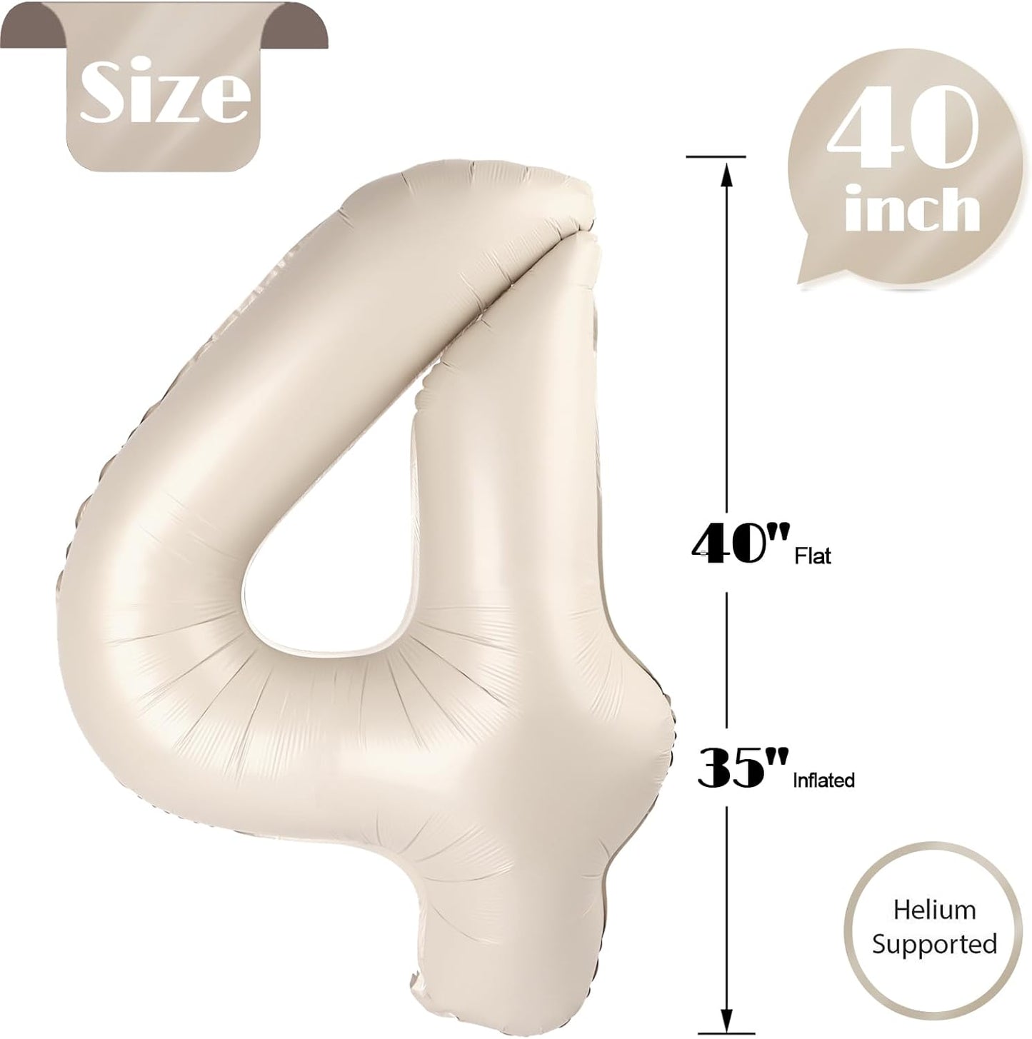 Number 4 Foil Balloon - 40 Inch Cream Giant Balloon for 4th Birthday Party Decorations