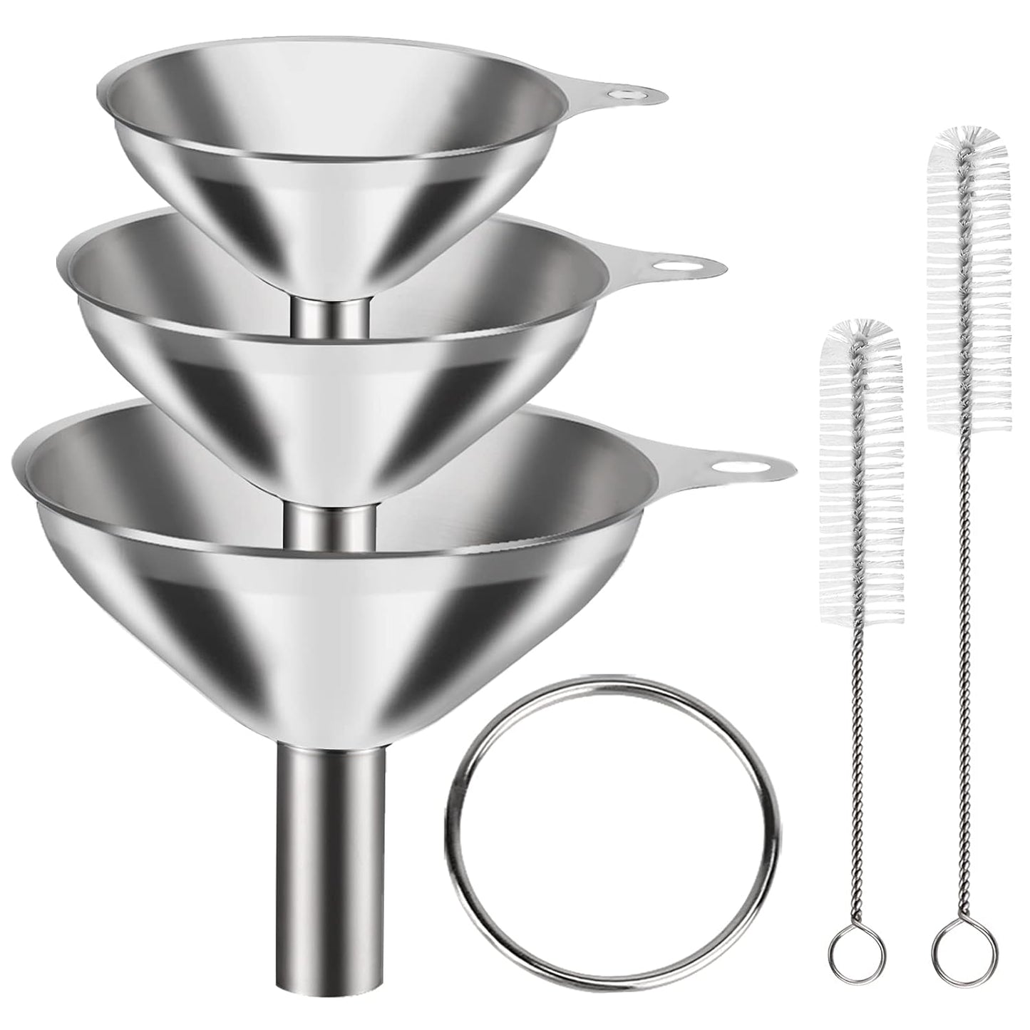 VOPTON Stainless Steel Mini Funnel Set - 6 Pcs for Kitchen Use | Food-Grade Metal & 2 Cleaning Brushes