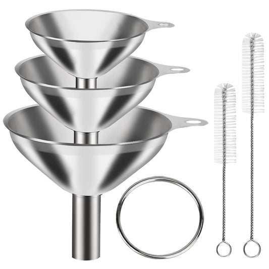 VOPTON Stainless Steel Mini Funnel Set - 6 Pcs for Kitchen Use | Food-Grade Metal & 2 Cleaning Brushes