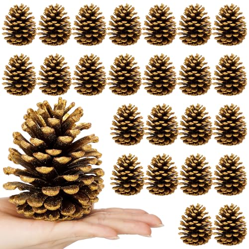 Janinka 24 Pcs 4 Inch Gold Christmas Glitter Pine Cones Ornaments