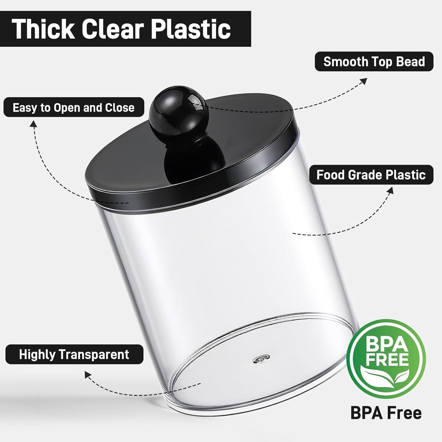 Skiennix Acrylic Qtip Holder Dispenser - 3 Pack Cotton Swab Storage Canisters | Clear & Black Bathroom Decor