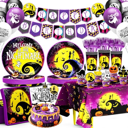 Halloween Party Decorations Kit 129-Piece Purple & Black Set with Dinnerware & Balloons