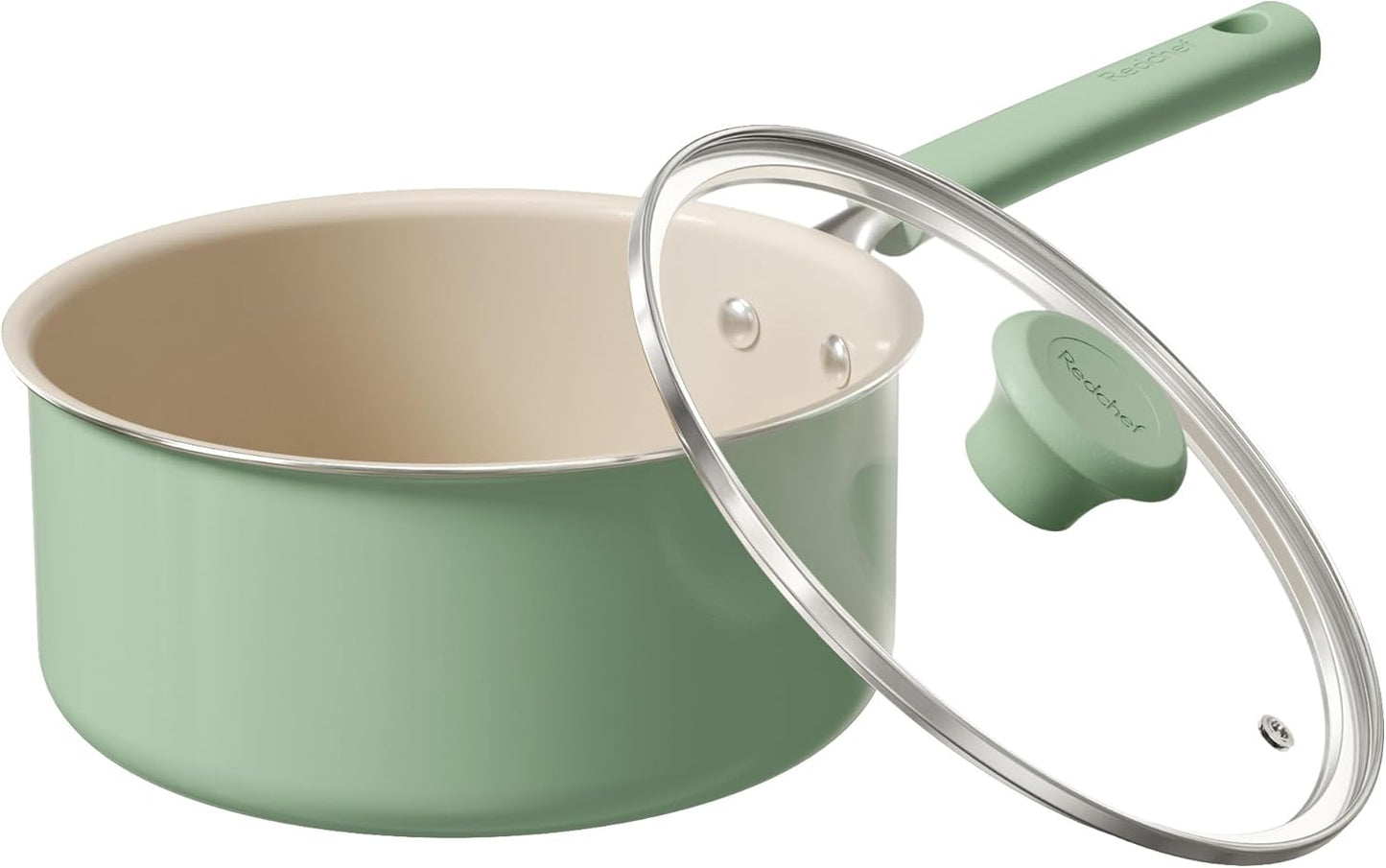 Redchef Ceramic Nonstick Saucepan - 3QT PFAS-Free Cooking Pot with Lid & Cool Handle | Green