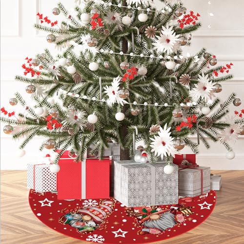 GAGEC Red Christmas Tree Skirt 18 Inch with Gnomes & Snowflakes - Indoor Outdoor Holiday Decor