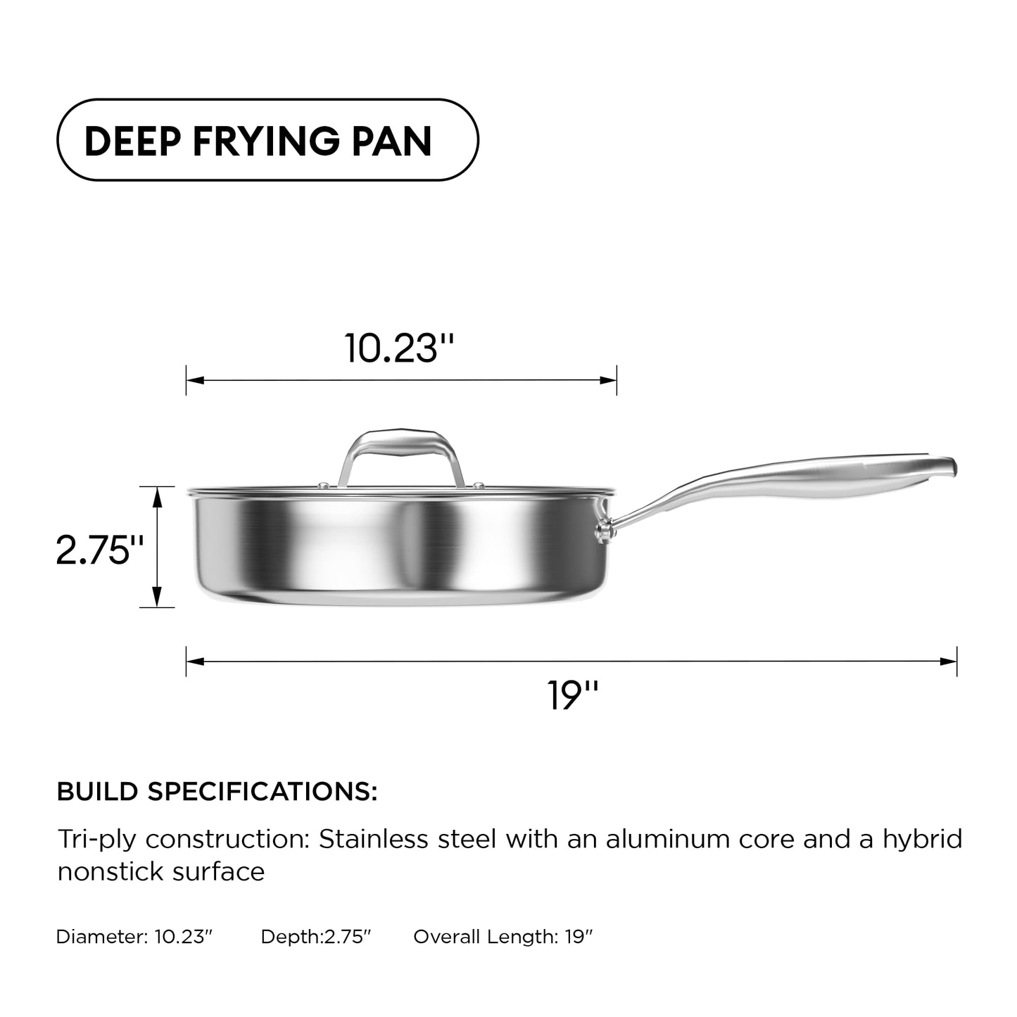 COOKER KING 3.6-Quart Hybrid Stainless Steel Sauté Pan with Lid, 10" Tri-Ply Clad Deep Frying Pan, Non-Stick & Non-Toxic Skillet for Egg, Cake, Seafood, Induction Compatible, Oven & Dishwasher Safe