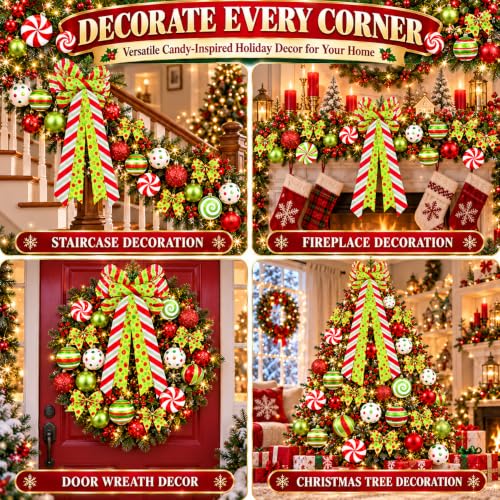 Bailiyake Christmas Tree Decorations Set with Red and Lime Green Ornaments, Wreath Bow & Elf Balls