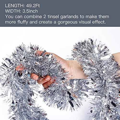 Sggvecsy Silver Christmas Tinsel Garland 49.2Ft Holiday Indoor Outdoor Decor