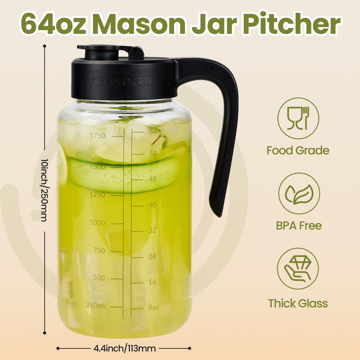 Spreccio Borosilicate Glass Pitcher with Lid, 64 oz Mason Jar Pitcher Pour Spout Lid Airtight Leak-proof, Sun Tea Glass Jar for Outside, Breastmilk, Cold Brew, Coffee and Iced Tea
