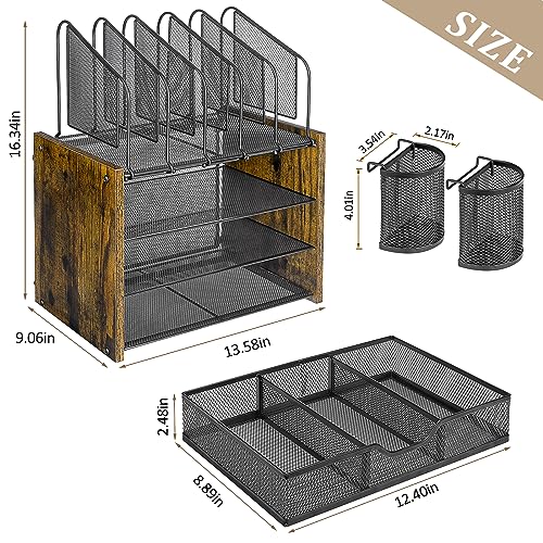 DAOUTIME 4-Tier Mesh Desk Organizer with Drawer and Pen Holders - Wooden Office Storage
