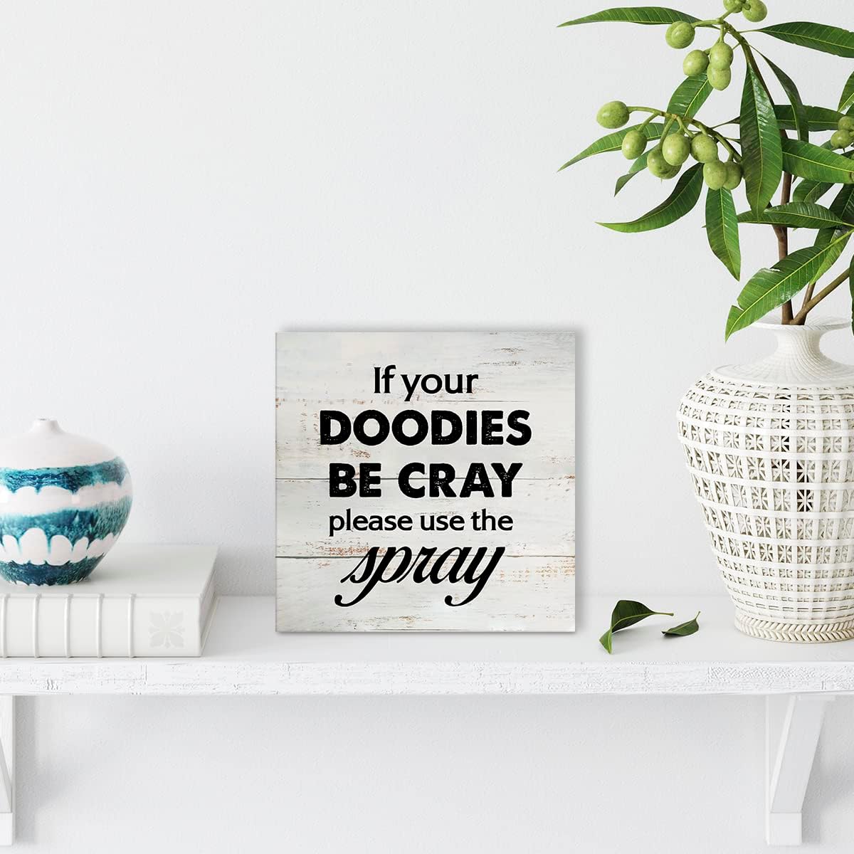 Rustic Bathroom Sign - Funny Wooden Box Decor for Farmhouse Style | 5x5 Inch Humor Restroom Decor