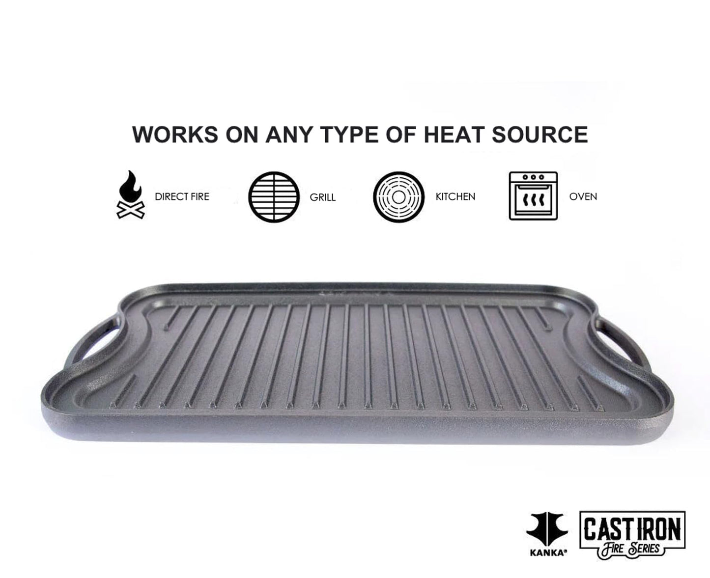 KANKA Grill Cast Iron Griddle - Extra Large Reversible Double-Sided Griddle for Gas Stove, BBQ Grill Plate, Flat Top Skillet for Stove Top, Outdoor Grill - 19.7in x 10.23in, Pre-Seasoned, Black