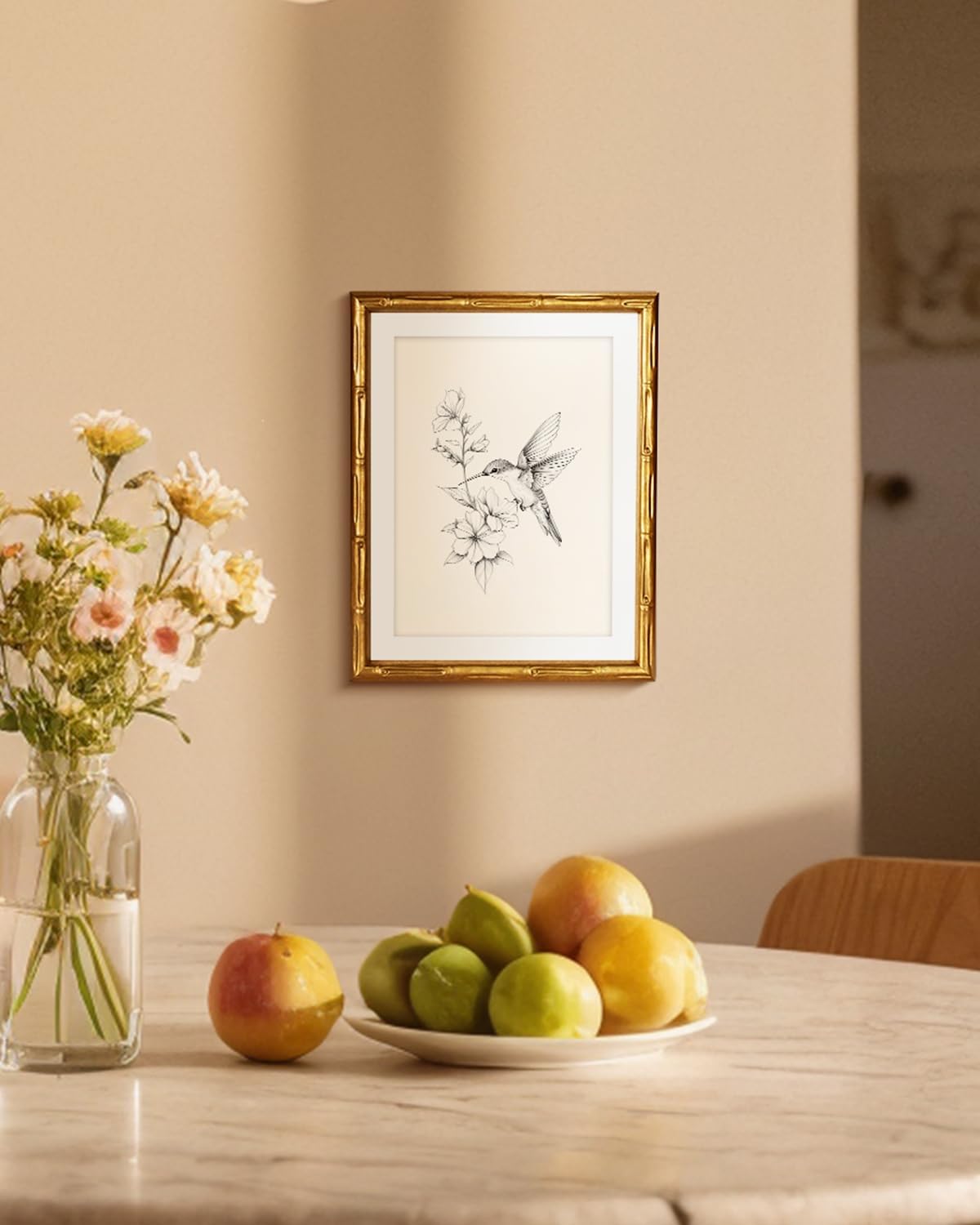 Skiennix Hummingbird Botanical Wall Art - Elegant 11x14 Framed Canvas Print for Office & Bedroom Decor