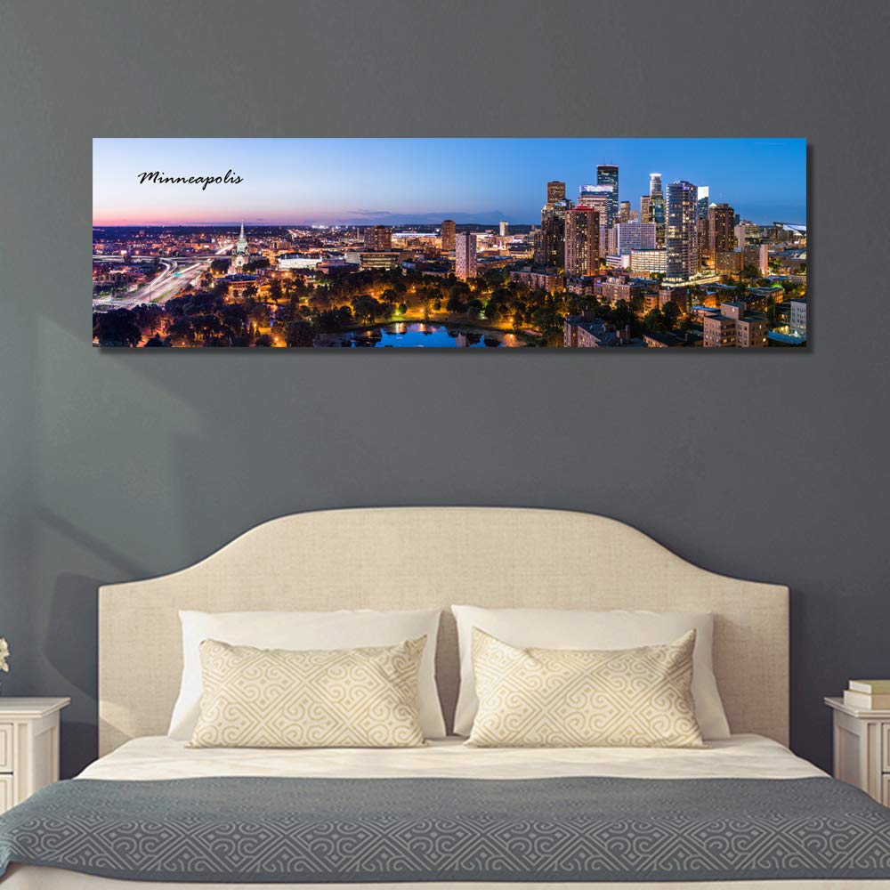 Minneapolis Skyline Wall Art for Living Room Cityscape Canvas Modern Home Decor Panorama Pictures City Building House Decorations Skyscraper Artwork Night View Posters and Prints 12x46 Inch 1 Panel
