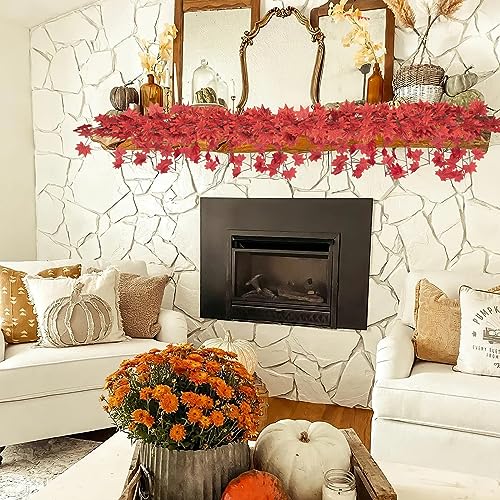 CQURE 12 Pack 84Ft Fall Leaf Garland, Hanging Vines Garland Artificial Fall Maple Leaves Thanksgiving Decor for Home Wedding Fireplace Christmas