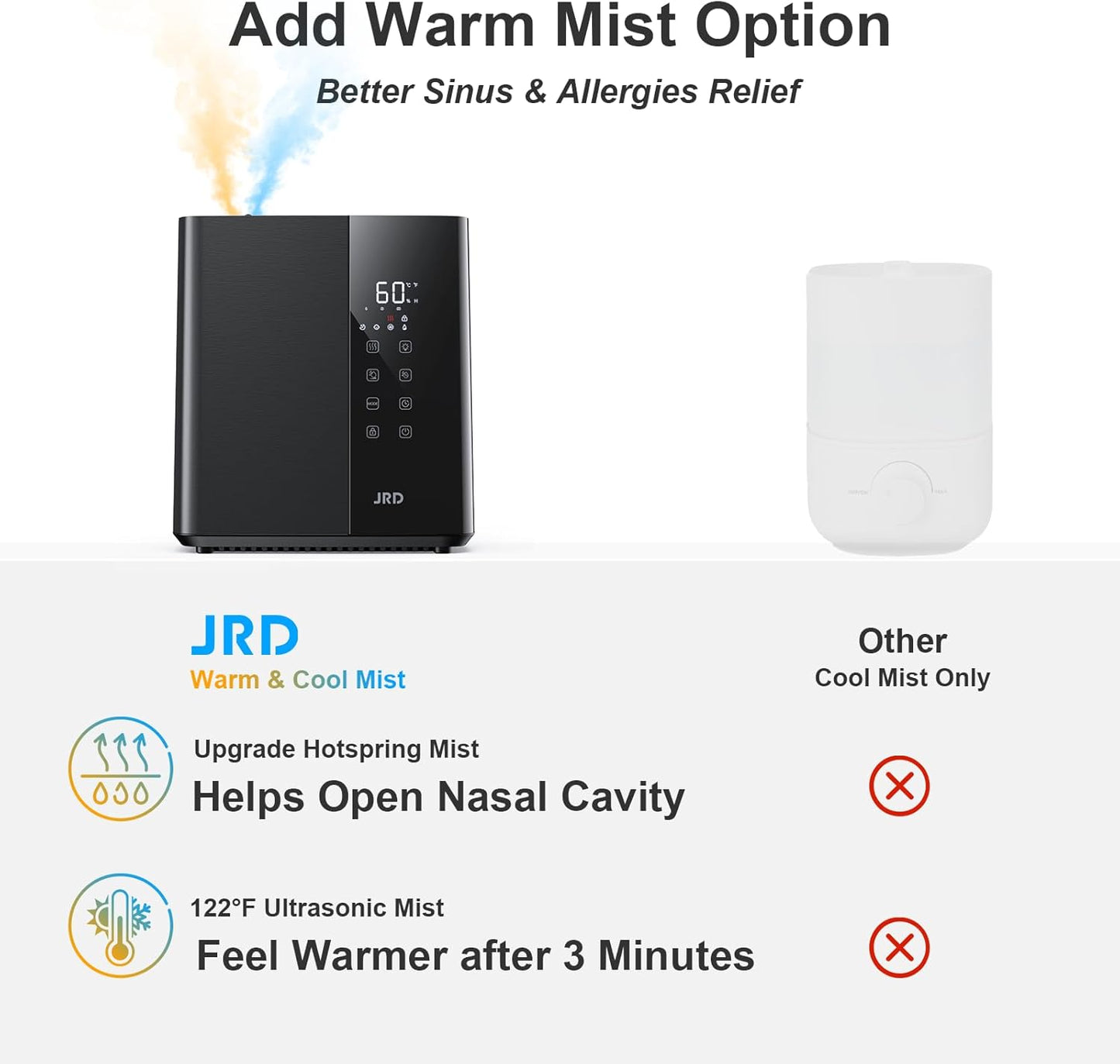 JRD Ultrasonic Humidifier - 5L Warm & Cool Mist for Fast Relief | 50H Runtime, 7 Color Light, Quiet Operation - Black