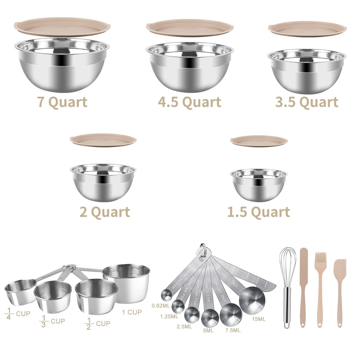 WEPSEN Mixing Bowls Set, 25PCS Khaki Mixing Bowls With Lids Set Stainless Steel Kitchen Large Nesting Metal Bowl 7QT to 1.5QT, Measuring Cups and Spoons for Prepping Cooking Serving