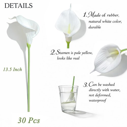 Heleze 30 PCS Artificial Calla Lily Flowers Bouquet Faux Branches for Vase Fake Flower 13.5" Real Touch for DIY Mother's Day Wedding Party Decoration Pure White