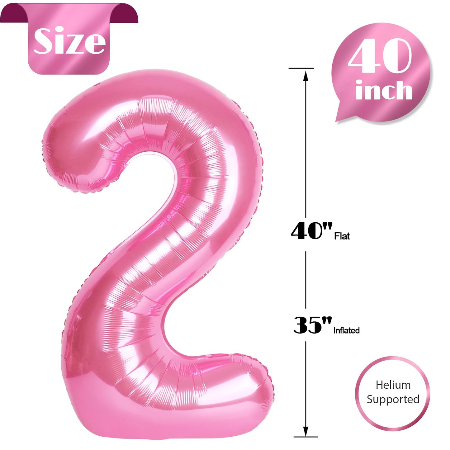 Pink Number 2 Balloon 40 Inch, 2nd Birthday Decoration for Toddlers Girls Boys, Sparkling 2 Number Balloon Party Decor