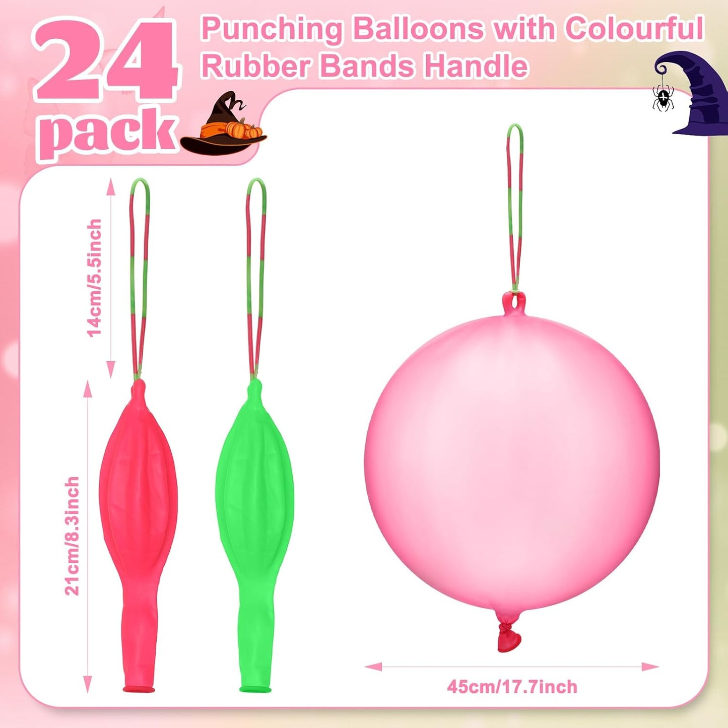 Skiennix 24 Pcs Punch Balloons - Pink & Green Bounce Balloons with Rubber Band Handles for Parties