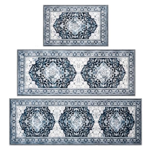 Ufeekare Blue 3-Piece Kitchen Rug Set Non-Slip Washable 20x32/20x48/20x59