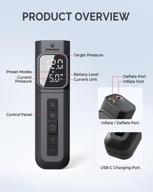 ETENWOLF P200 Electric Ball Pump - 2000mAh Air Pump with Digital Pressure Gauge | Fast Inflation for Sports Balls