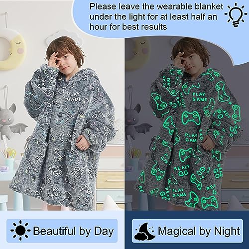 Kids Wearable Blanket Hoodie Oversized Sherpa Sleepwear with Glow in The Dark Game Controller Design - Mewkou 6-13YR Gamer Edition