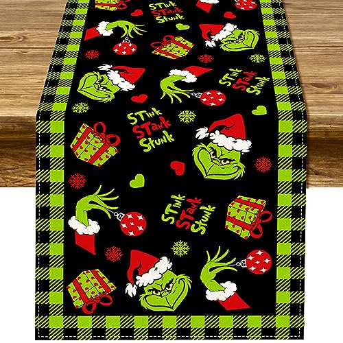 Pudodo Christmas Table Runner Black Green Buffalo Check 13x72in Holiday Decor
