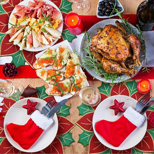 Ganeen 12 Pcs Christmas Poinsettia Placemats Set Embroidered Red