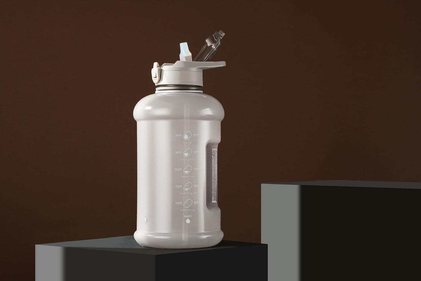 H2O Capsule INSPO Gallon Water Bottle with Time Marker and Straw Motivational Hydration Tracker Jug Big BPA-Free Food-Safe Leakproof Drinking Bottle with Handle & Strap, Lotus Blossom