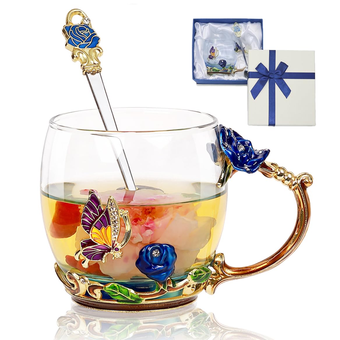 AISVELDY Flower Tea Cup,Butterfly Rose Clear Glass Fancy Coffee Mug with Spoon,Gift Box for Her Mom Wife Grandma Girls Women Christmas Birthday Present Idea for Juice,Hot And Cold Drinks Use