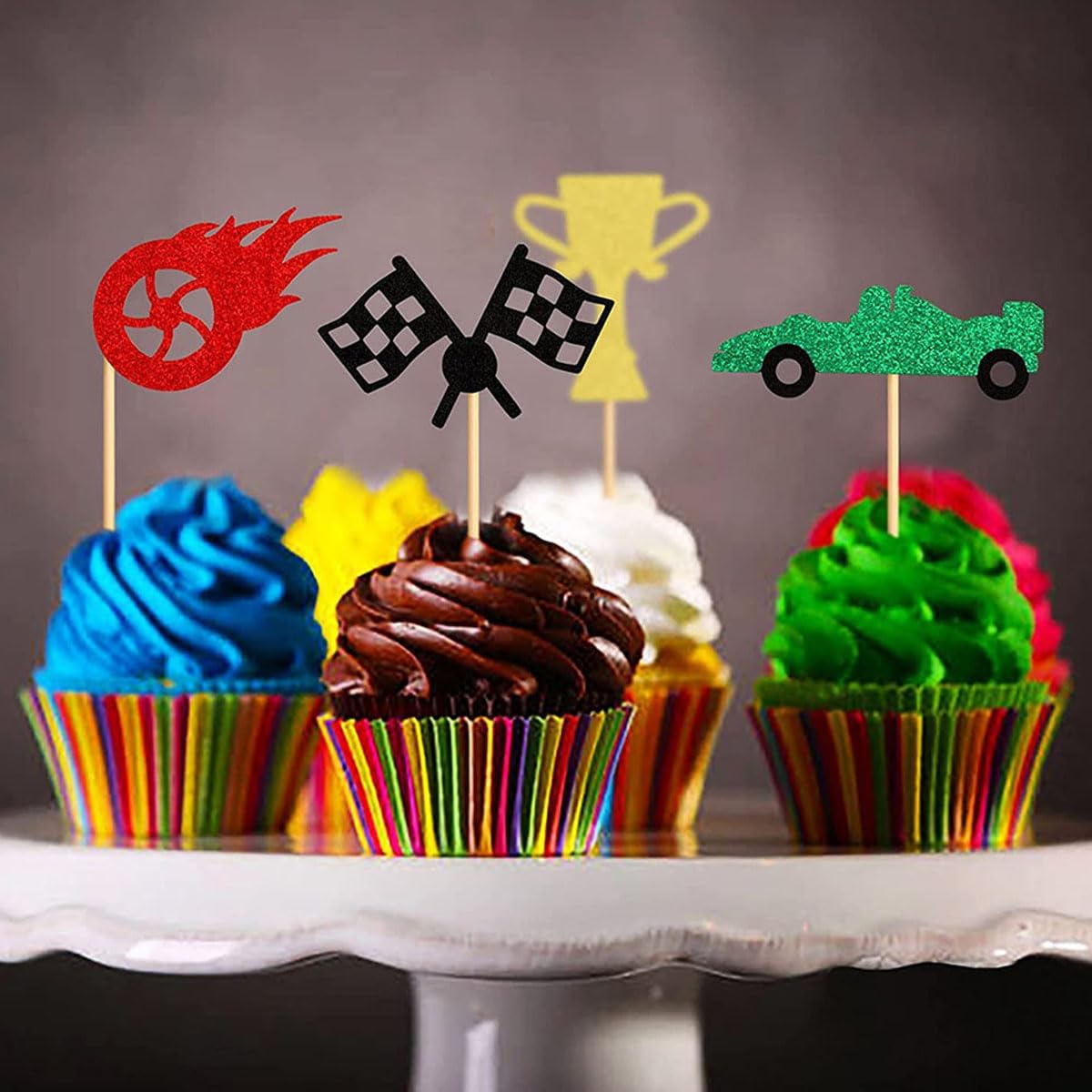 Race Car Cupcake Toppers by [Brand Name] - 24Pcs Glitter Trophy Flags & Wheels for Racing Theme Parties