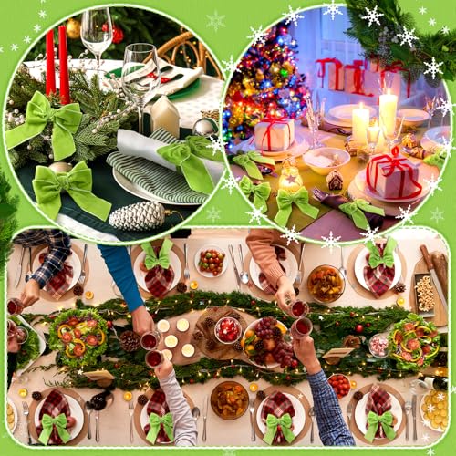 Maxdot 12 Pcs Bow Napkin Rings Set, Velvet Napkin Holders Buckles 4 x 4.9 Inch Serviette Rings for Family Dinner, Wedding, Party, Banquet, Table Decorations (Green)