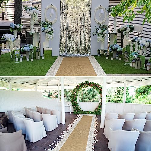Preboun 3ft x 30ft Burlap Lace Wedding Aisle Runner - Rustic Chic Ceremony Decor