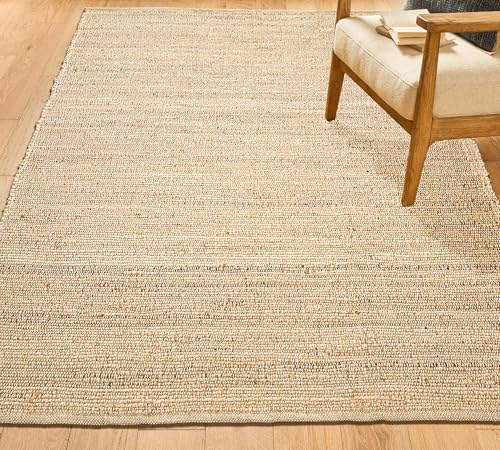 Natural Jute Cotton Hand Woven Area Rug - 5' x 7' Rectangular - Boho Farmhouse Rustic Floor Covering