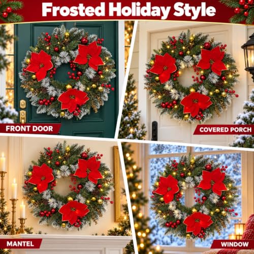 24-Inch Lighted Christmas Wreath with Frosted Poinsettias, Red & Green, Battery-Operated