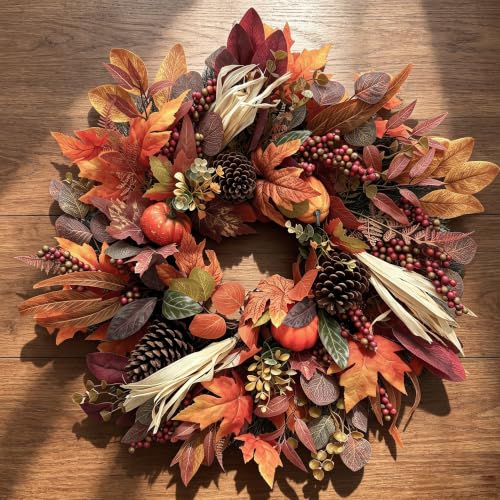 26-Inch Fall Wreath for Front Door - Red Orange Harvest Decor with Maple Leaves, Pumpkins & Berries