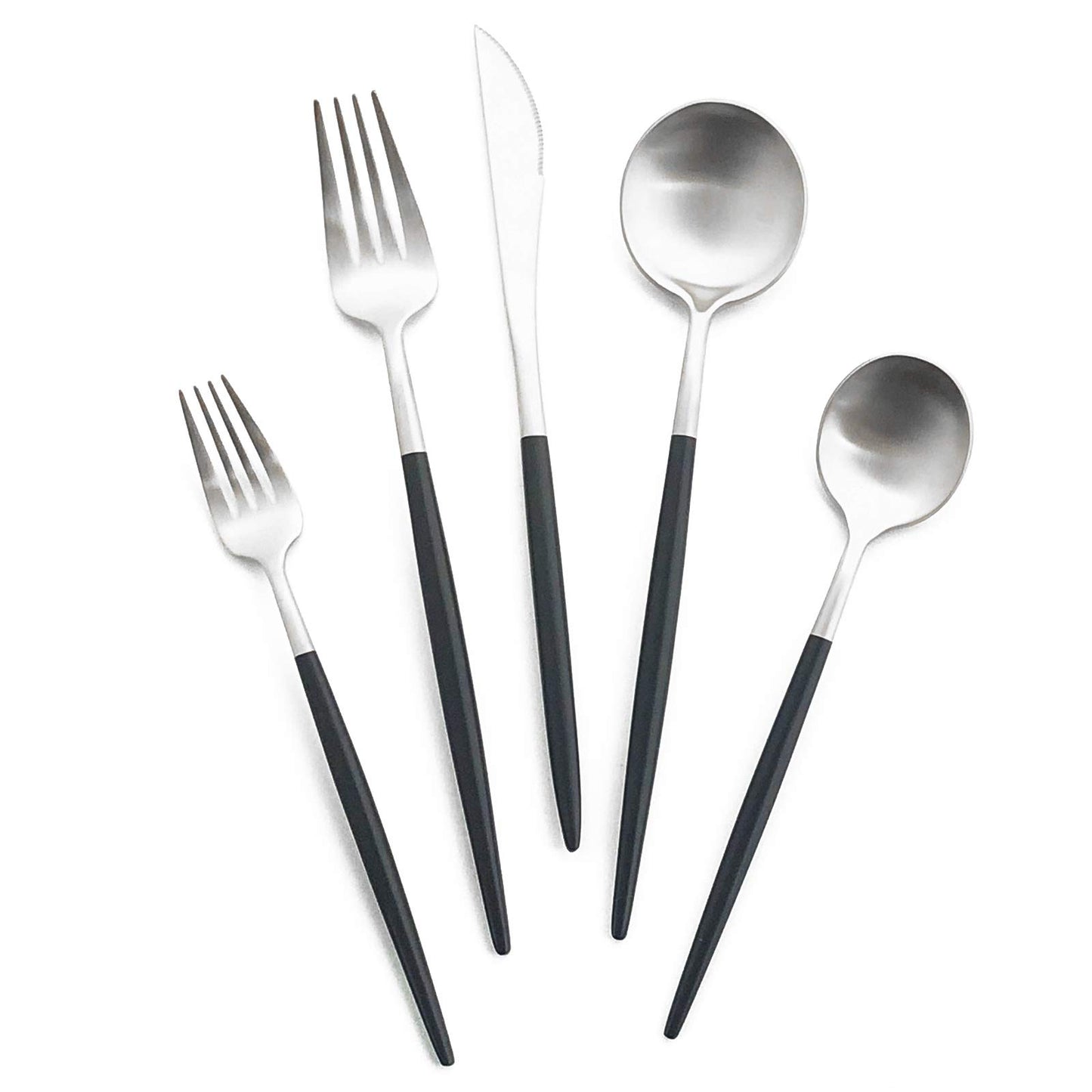 Uniturcky Matte Silverware Set, 10-Piece 18/10 Stainless Steel Satin Finish Flatware Set Service for 2, Kitchen Utensil Set, Tableware Cutlery Set for Home Restaurant (Black Handle Silver, 10-Piece)