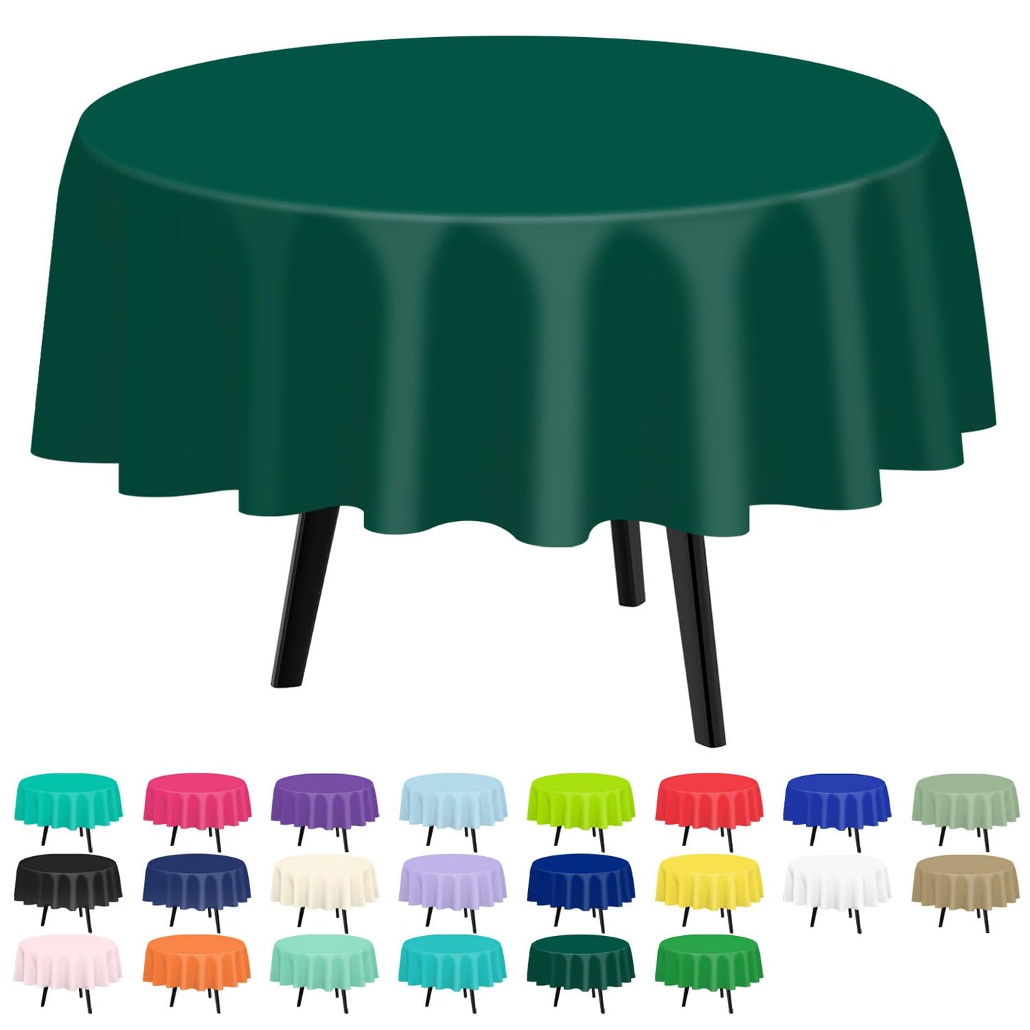 QIKSION Dark Green Round Tablecloth 2 Pack, 84 Inch Plastic Table Cover Disposable for Parties
