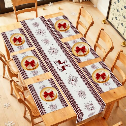 FOREVER QUEEN 7-Piece Christmas Table Runner & Placemats Set Reindeer Snowflakes