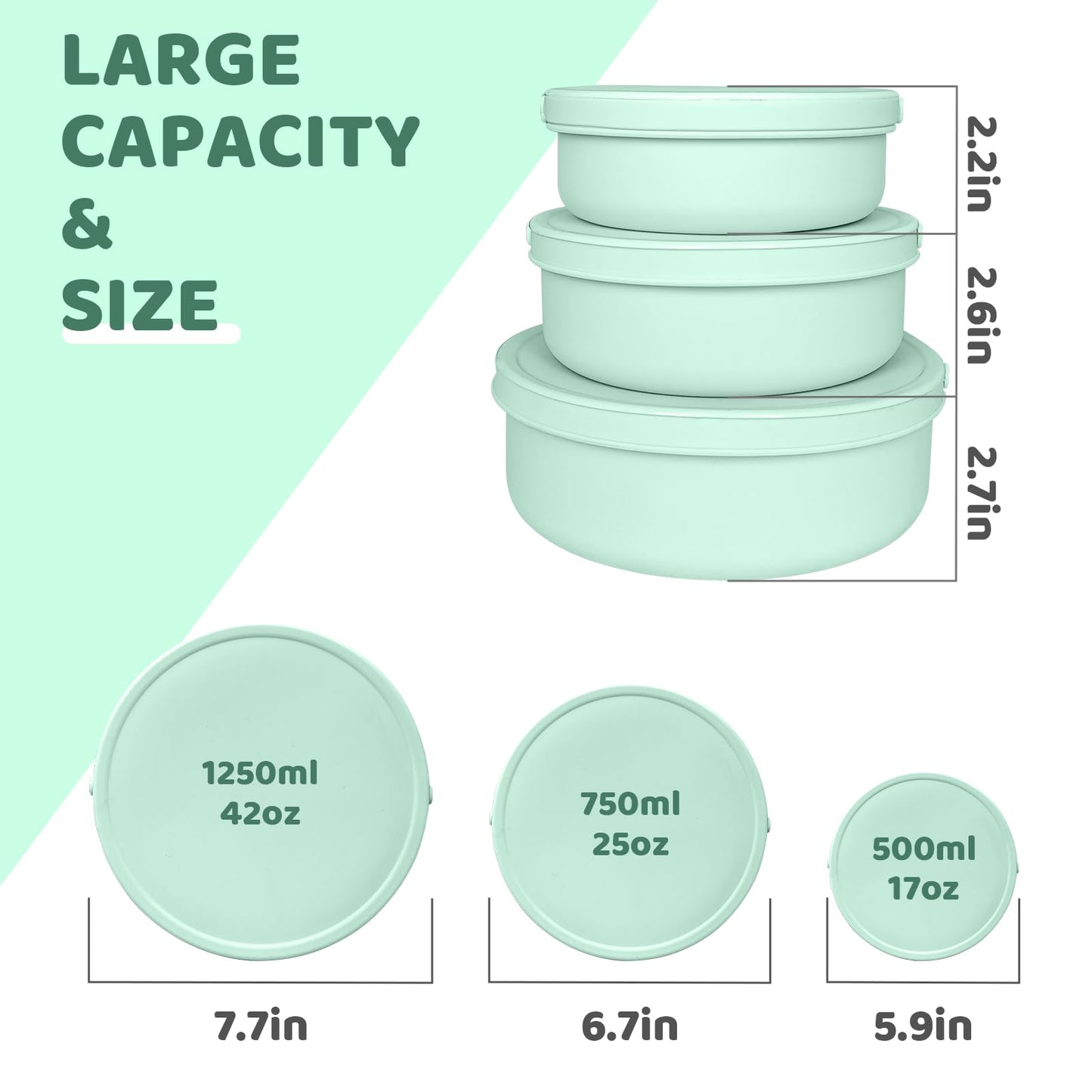 DGitaor Silicone Food Storage Containers Bowl, Set of 3 Reusable Silicone Bento Lunch Box Containers with Lids (17oz, 25oz, 42oz) Dishwasher, Microwave and Freezer Safe Mint Green