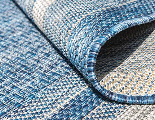 Outdoor Border Area Rug - Blue & Ivory Rectangular 6'1" x 9' | Unique Loom