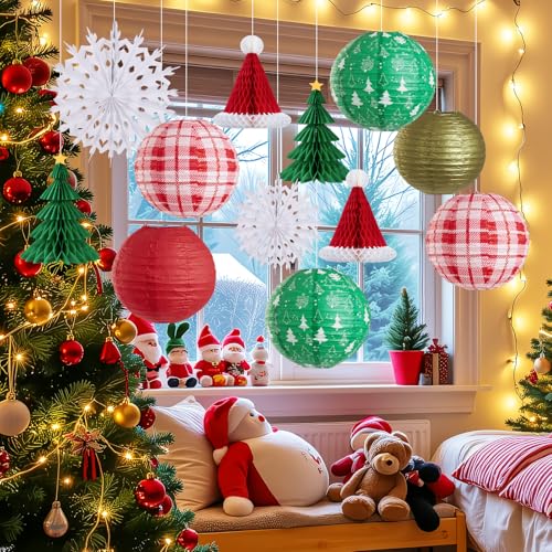 OBBOLO Christmas Hanging Decor Set 12 pcs Red Green White Gold Honeycomb Paper Lanterns Fans