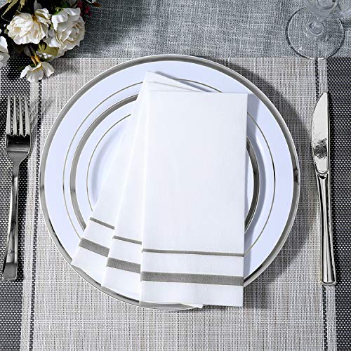 Disposable Linen-Feel Guest Towels with Silver Rim - 200 Pack