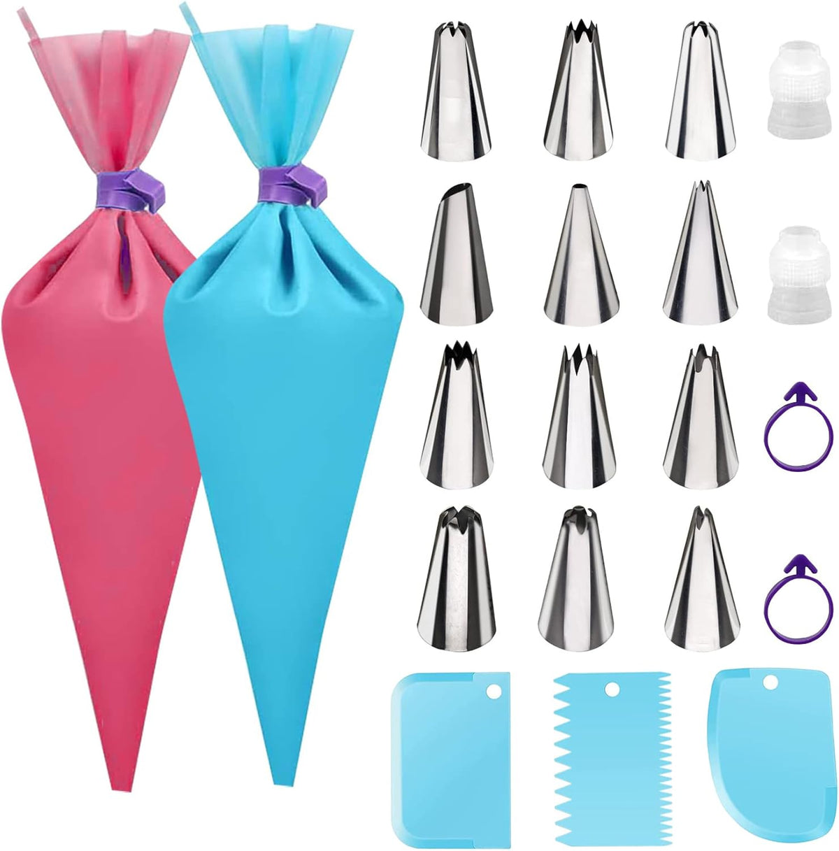Skiennix Piping Bags and Tips Set - 12-Inch Reusable Icing Bags with 12 Frosting Tips & Accessories