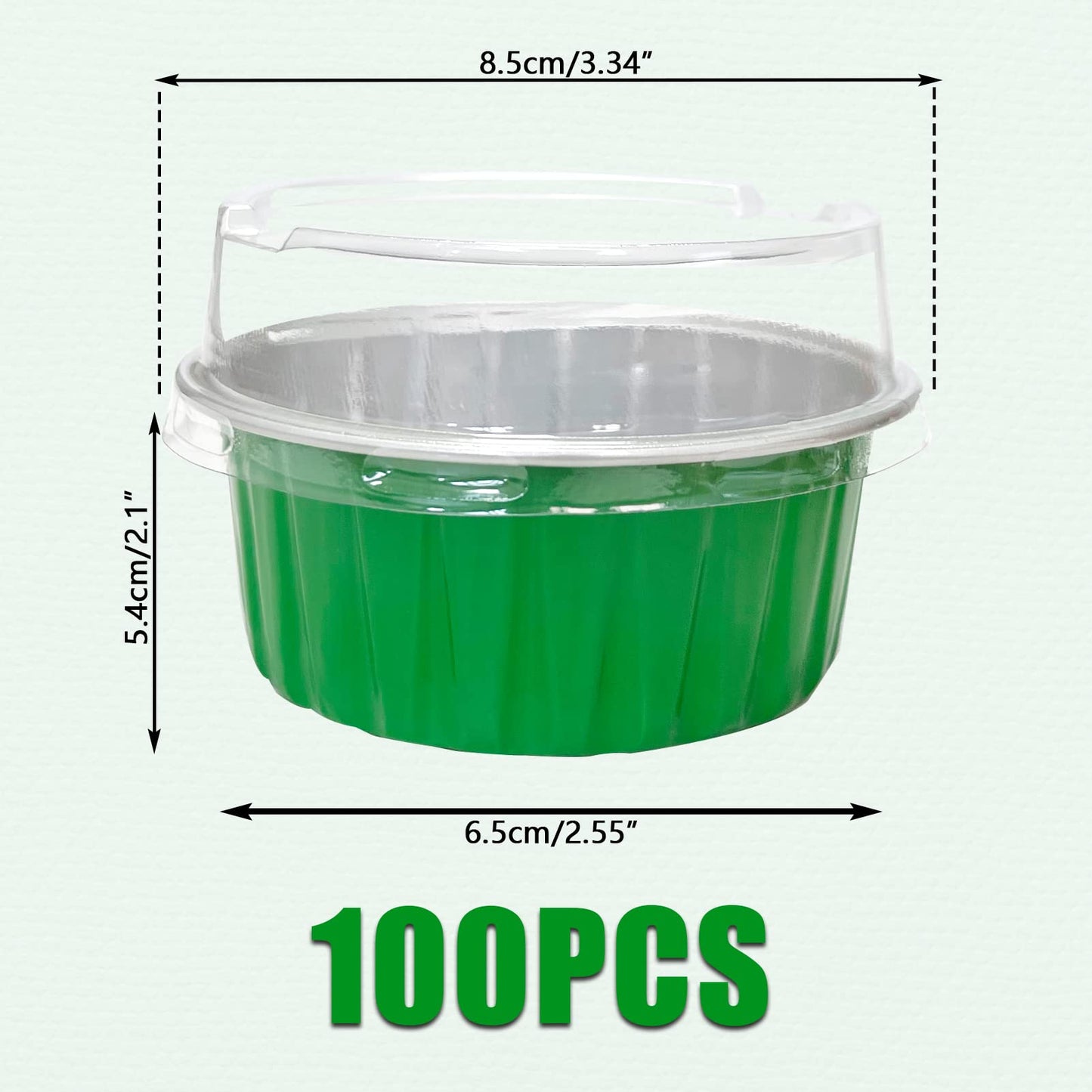 100Pcs Aluminum Cups with Lids,5oz Disposable Ramekin Baking Cups Muffin Liners Mini Pie Pans Foil Cupcake Containers for Christmas Party Wedding Party,Green