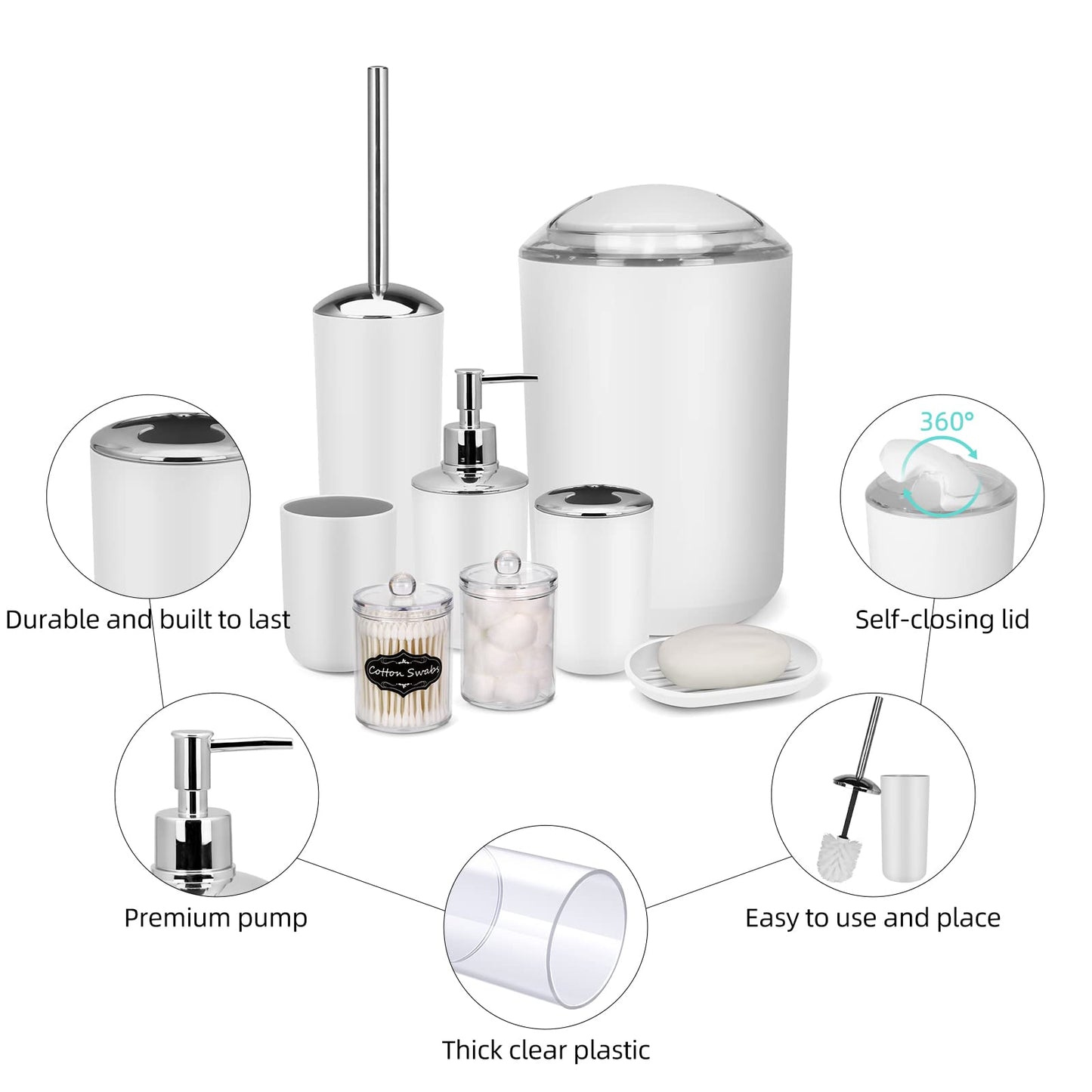 Bathroom Set - 9 Pcs White Bathroom Accessories Set with Trash Can,Tray,Soap Dispenser,Soap Dish,Toothbrush Holder&Cup,Toilet Brush Holder,2 Qtip Holder Dispenser