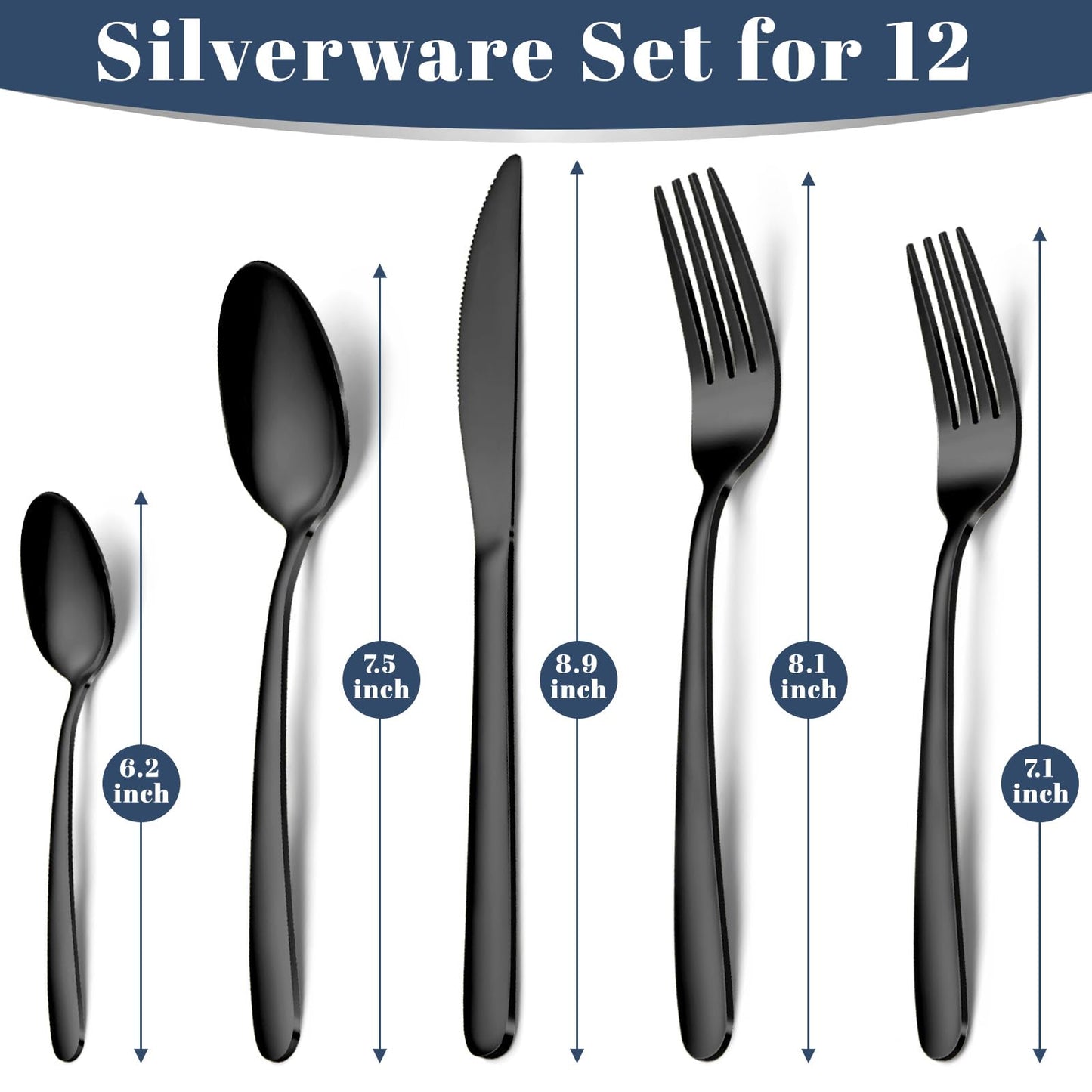 Hunnycook 60-Piece Black Silverware Set - Stainless Steel Silverware Set for 12, Includes Forks Spoons and Knives, Utensil Sets for Home Kitchen Restaurant, Dishwasher Safe
