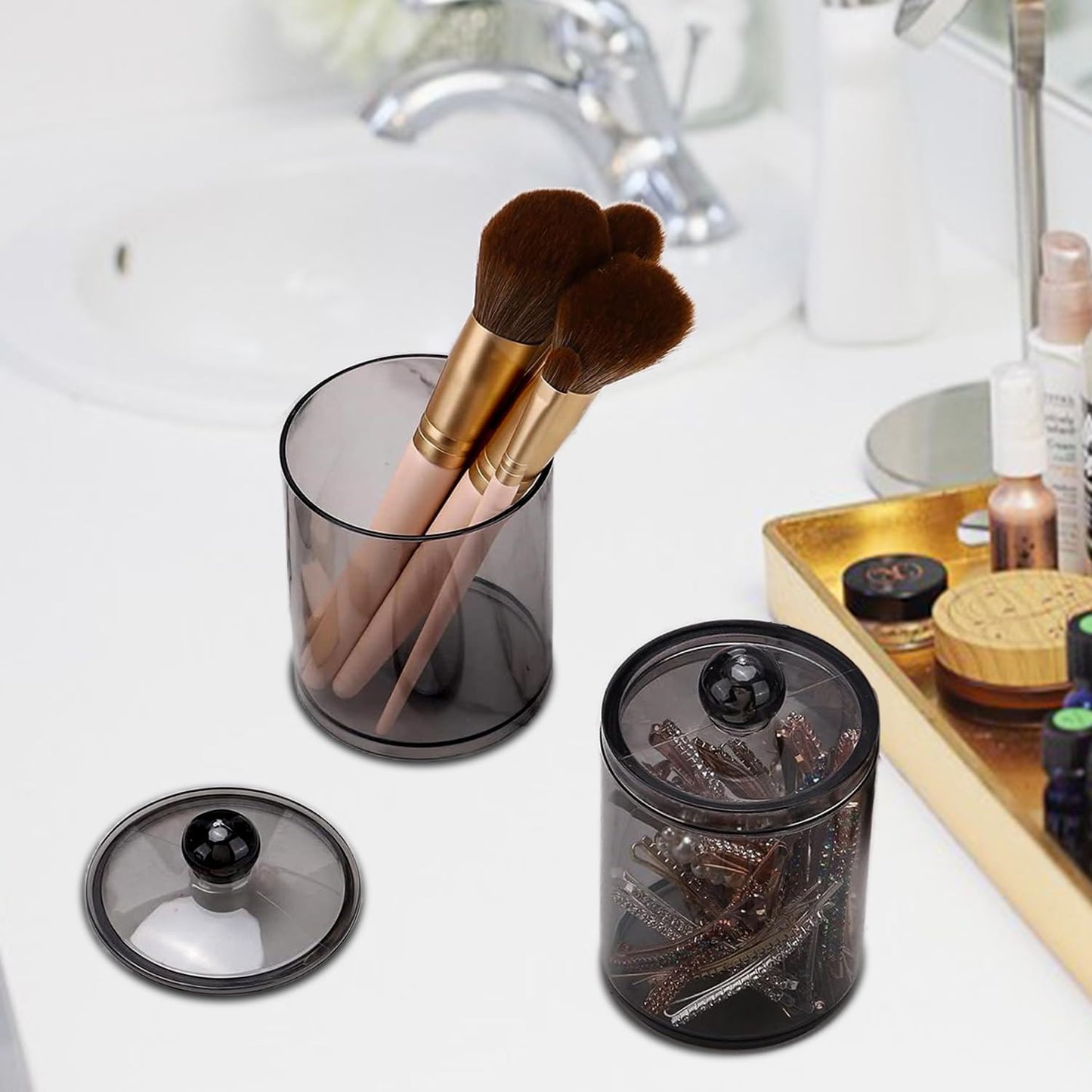 Skiennix Cotton Buds Dispenser - Clear Black Round Holder | 10 oz Apothecary Jar Set for Bathroom Storage